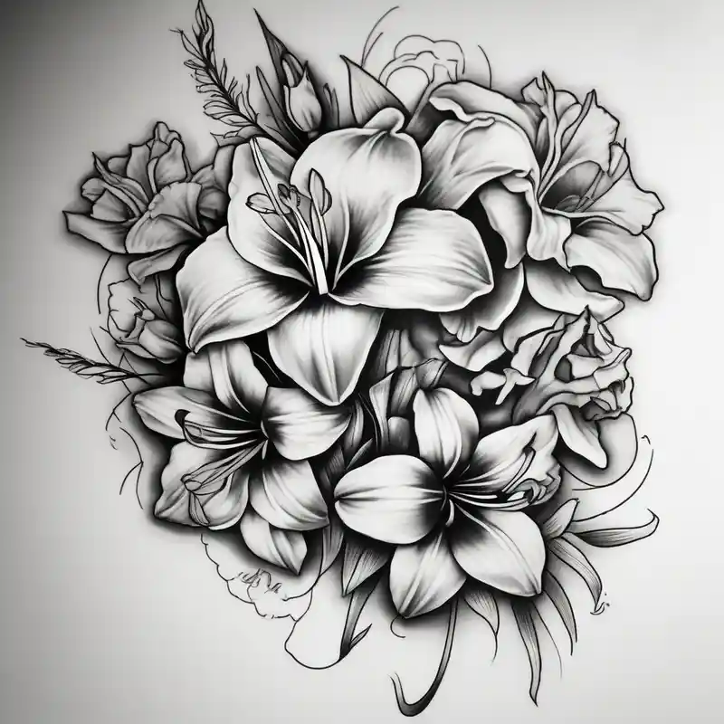 Calia Lily rose gadiolus carnation Narcissus flower sleeve on upper arm and shoulder half sleeve tattoos for men